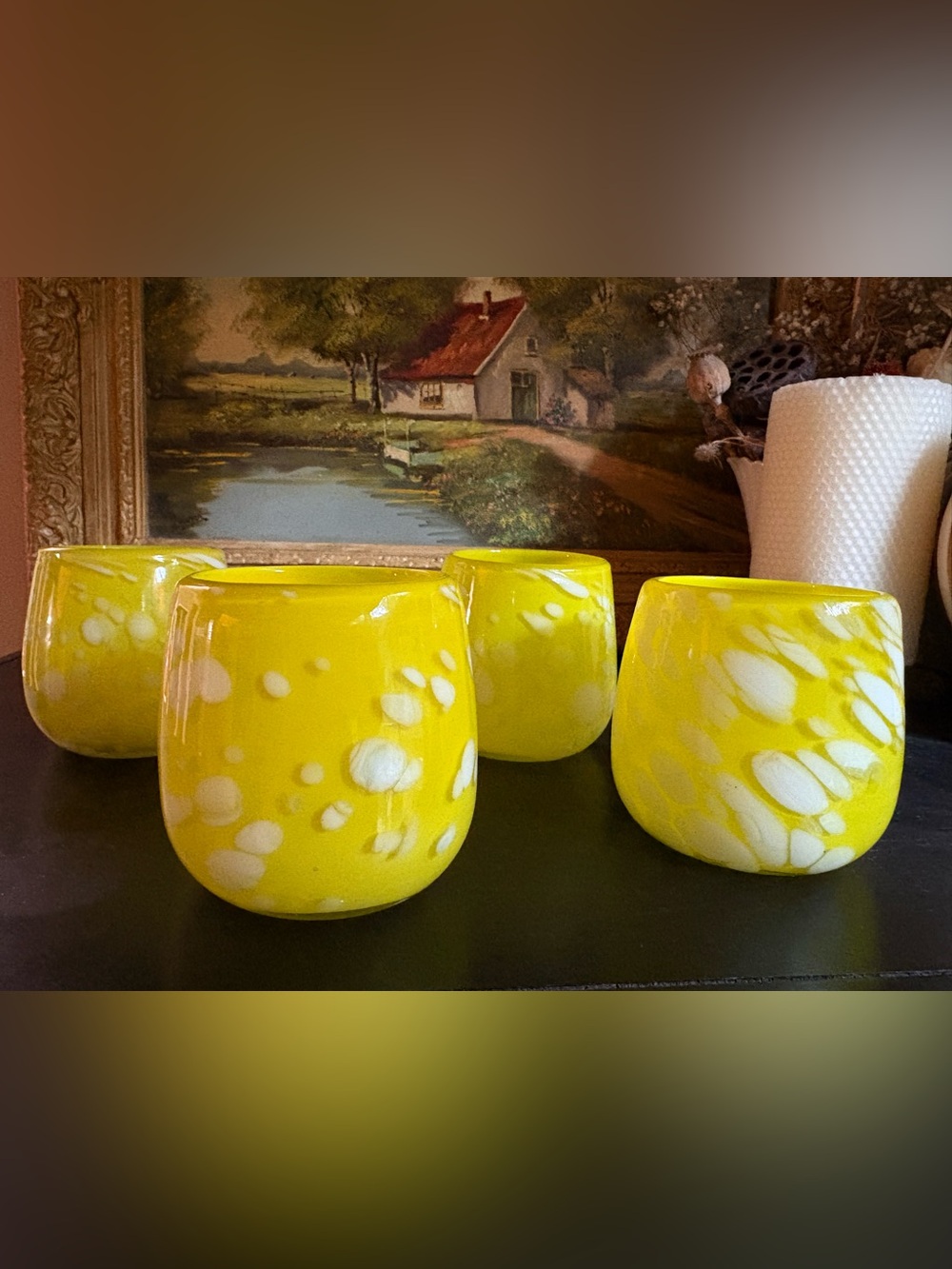 Set of 4 Yellow & White Confetti/Splatter Hand Blown Art Glass Tumblers 12oz Mex